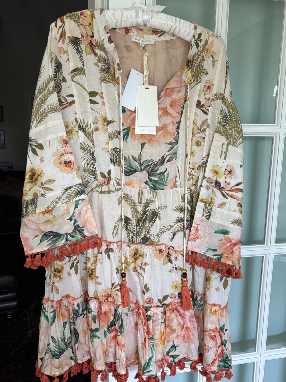 Lucky & Coco Peach Floral Midi Dress with Tassel Trim